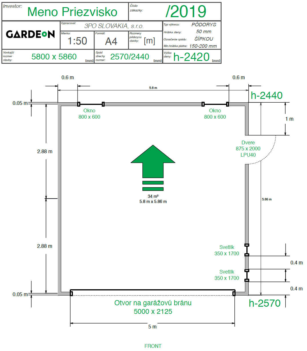 Nákres montovanej garáže GARDEON