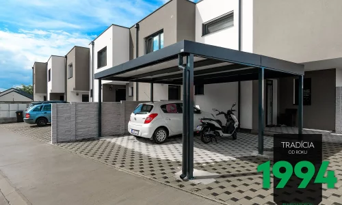 Zaparkované auto s motorkou pod přístřeškem GARDEON pro dvě auta