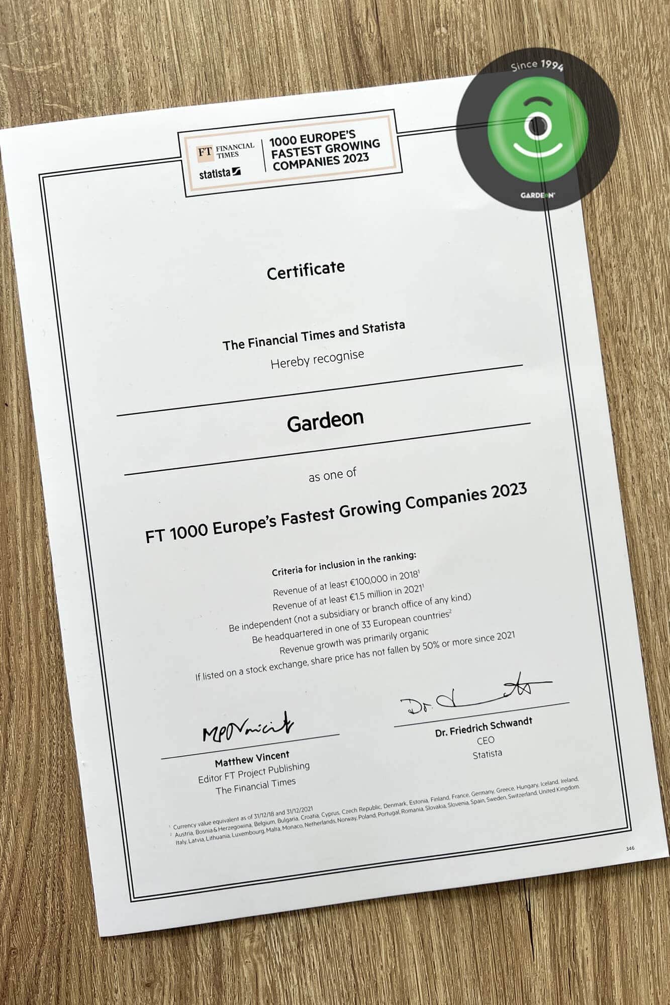 Gardeon certifikát 1000 nejrychleji rostoucích firem v Evropě