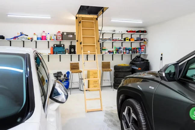GARDEON garáž pro dvě auta sedlová střecha interiér