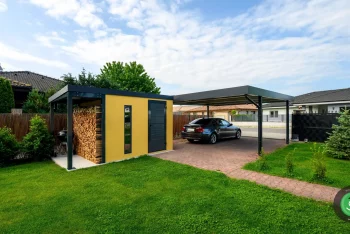 GARDEON žlutý zahradní domek s přístřeškem na dřevo a přístřeškem pro dvě auta