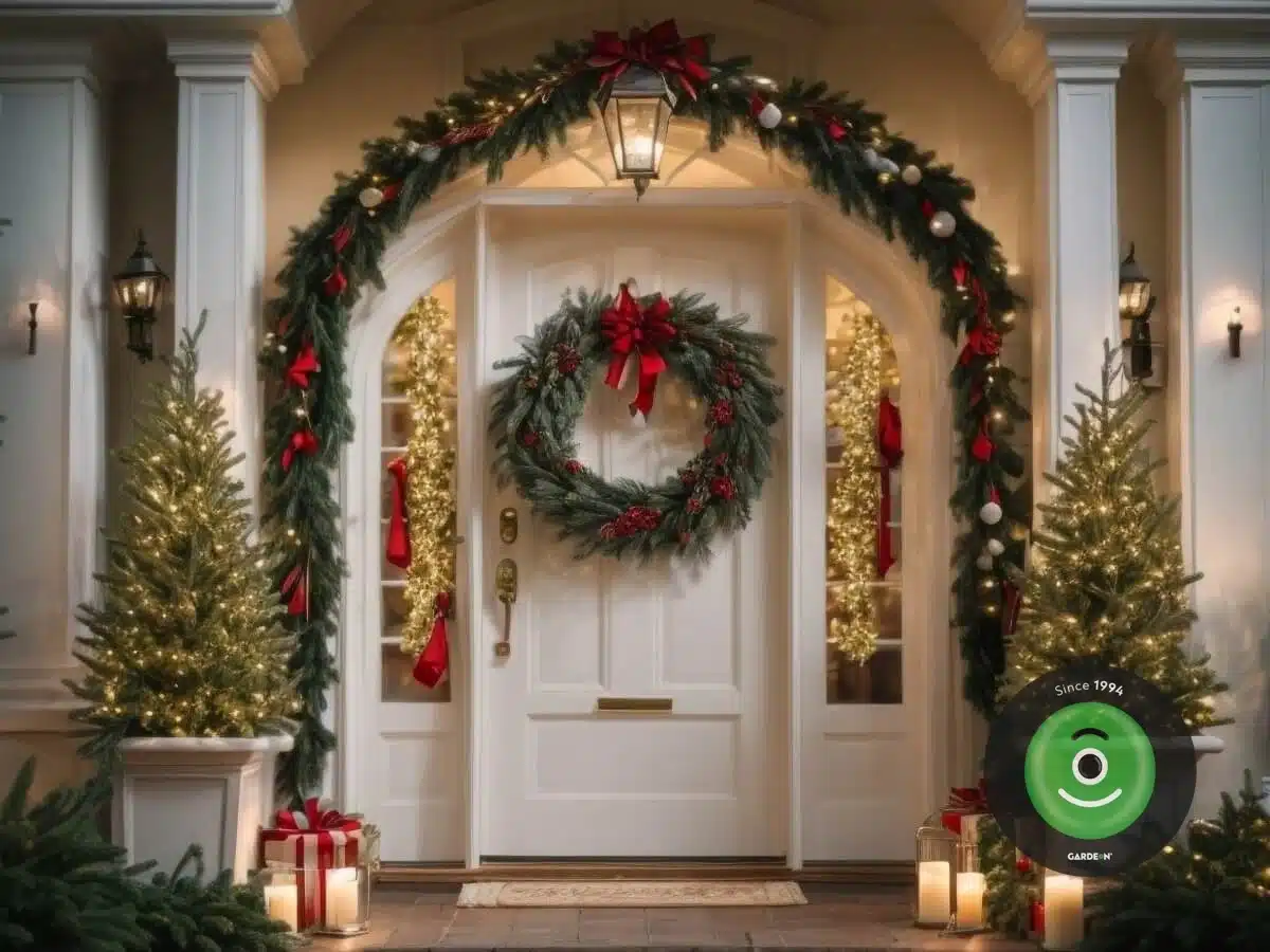 Vyzdobené vchodové dveře vánočním věncem, girlandou a světýlky