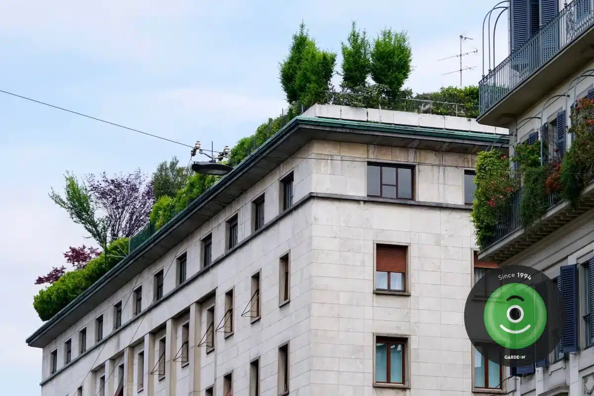 Velká zelená střecha se stromy na bytovém domě.