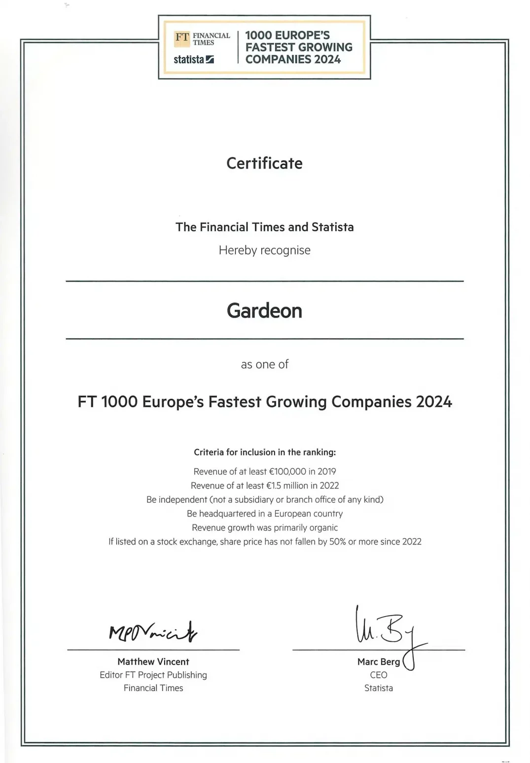 Certifikát pro 1000 nejrychleji rostoucích firem v Evropě