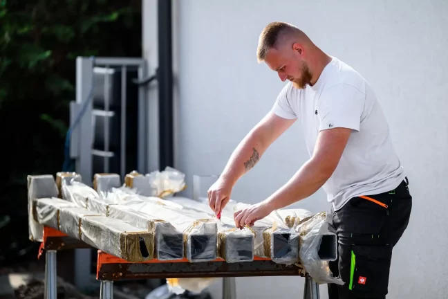 Pracovník stříhá ochrannou fólii z naskládaných ocelových nosníků na stole