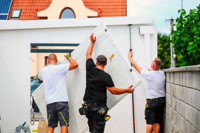 Tři pracovníci vnášejí velký bílý panel do otvoru garáže