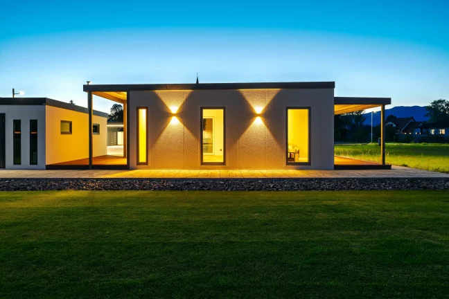 Osvětlená boční stěna tiny housu s okny za soumraku